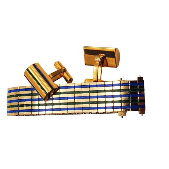 Destino Cufflinks Enamel Stripes Watch Band Retro Mens 1/20 10K Gold Filled MCM - Picture 4 of 12
